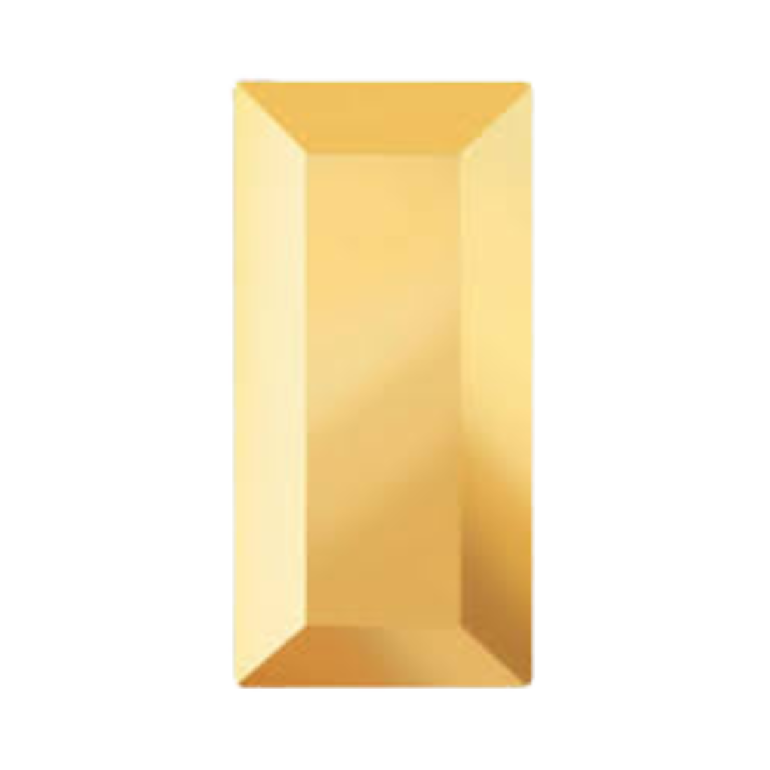Illustration of a Preciosa 2555 Baguette MAXIMA Aurum flatback crystal in a slim rectangular shape with metallic gold finish