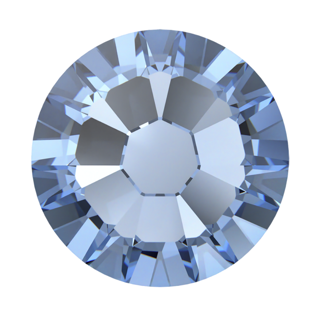 Close-up of a faceted Swarovski Crystal Rhinestone in Light Sapphire, featuring a luminous pale blue finish and brilliant light reflection.