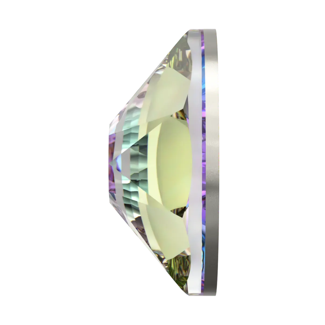 Side view of a faceted Swarovski Crystal Rhinestone in Vitrail Light, showing its dimensional profile, reflective facets and subtle pink, lilac, purple and blue-green colour-shifting effect.