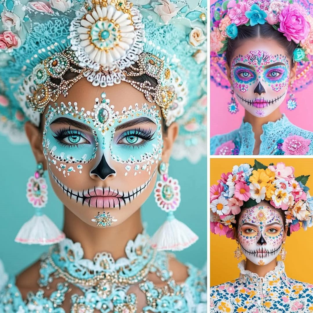 Close-up of vibrant rhinestone face decoration and long nails with glitter and gems, illustrating how Eunails rhinestones can be used for makeup and nail art.