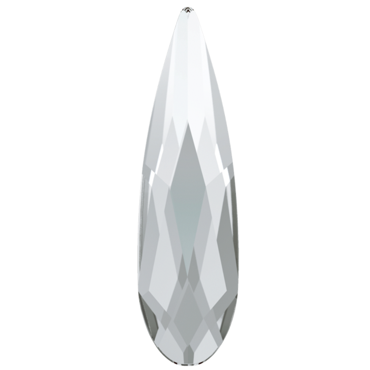 Single Swarovski 2304 Raindrop crystal in the clear Crystal colour. The product image shows the elongated pointed teardrop shape and precision-cut front facets, making it ideal as a centrepiece, petal, leaf or sparkling detail in premium nail art.