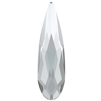 Single Swarovski 2304 Raindrop crystal in the clear Crystal colour. The product image shows the elongated pointed teardrop shape and precision-cut front facets, making it ideal as a centrepiece, petal, leaf or sparkling detail in premium nail art.