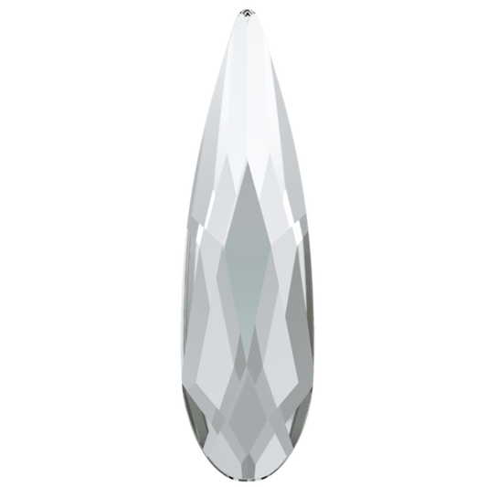 Single Swarovski 2304 Raindrop crystal in the clear Crystal colour. The product image shows the elongated pointed teardrop shape and precision-cut front facets, making it ideal as a centrepiece, petal, leaf or sparkling detail in premium nail art.