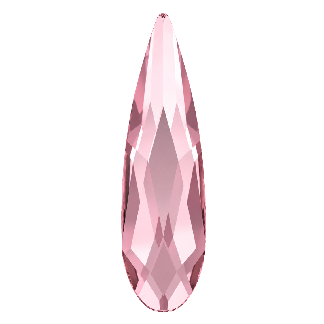 Digitally created illustration of a Light Rose raindrop crystal on a white background, showing its slender pointed shape, rounded base and faceted pink surface.
