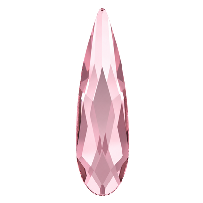 Digitally created illustration of a Light Rose raindrop crystal on a white background, showing its slender pointed shape, rounded base and faceted pink surface.