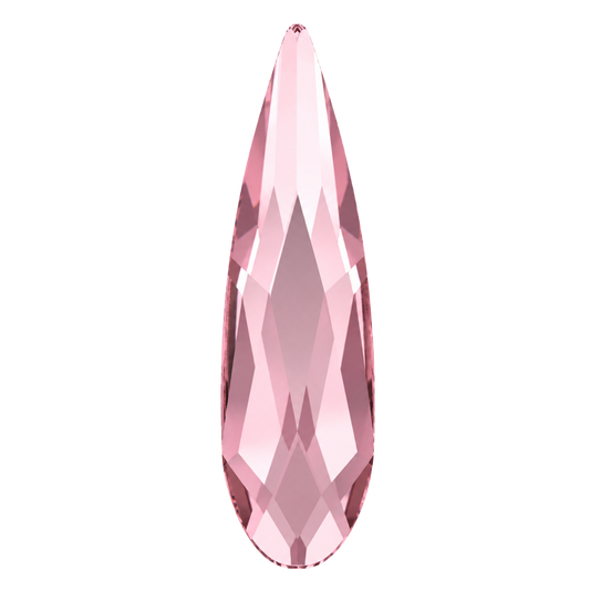 Digitally created illustration of a Light Rose raindrop crystal on a white background, showing its slender pointed shape, rounded base and faceted pink surface.