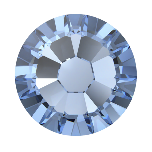 Close-up of a faceted Swarovski Crystal Rhinestone in Light Sapphire, featuring a luminous pale blue finish and brilliant light reflection.