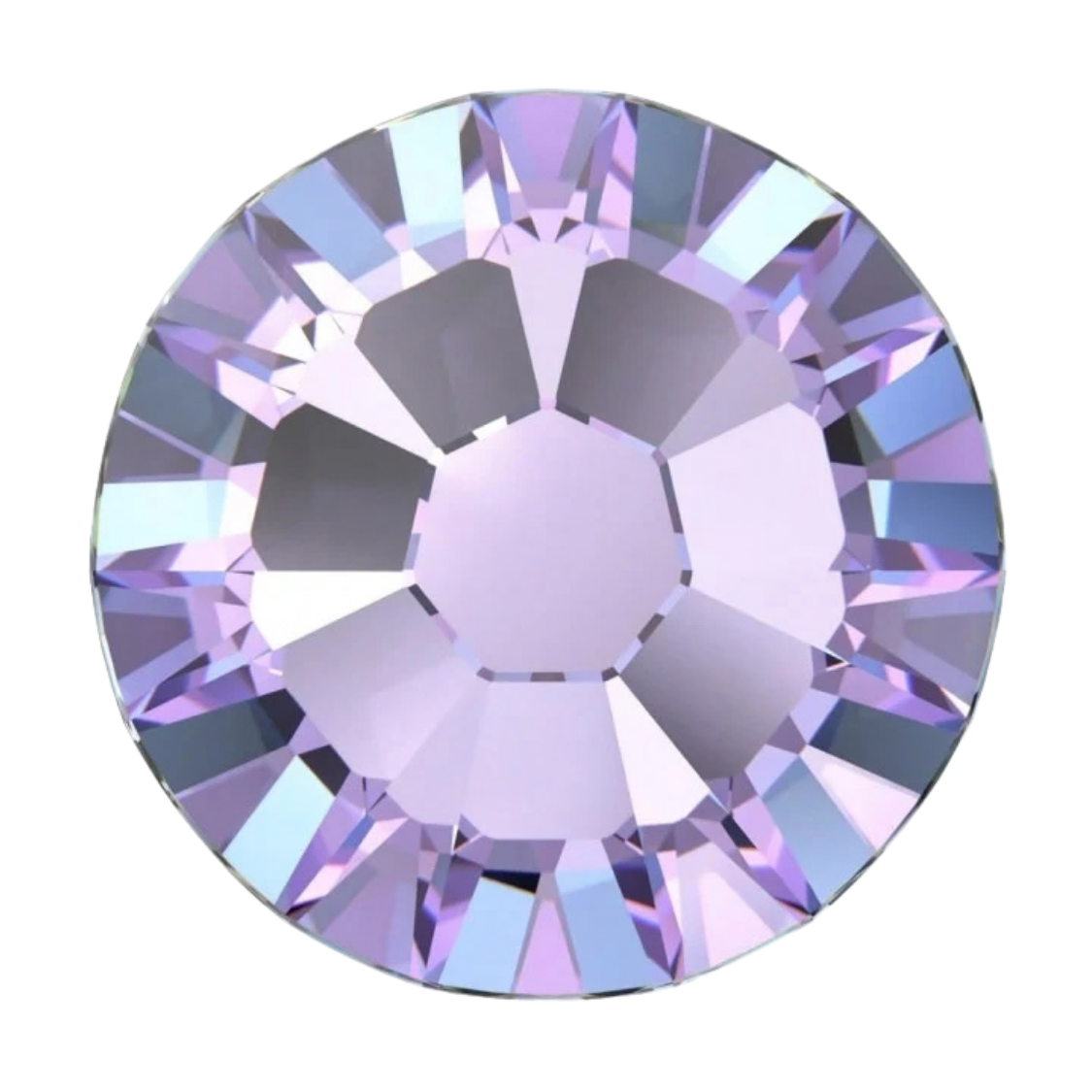 Close-up of a faceted Swarovski Crystal Rhinestone in Vitrail Light, featuring luminous pink, lilac, purple and subtle blue-green colour-shifting reflections.