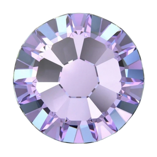 Close-up of a faceted Swarovski Crystal Rhinestone in Vitrail Light, featuring luminous pink, lilac, purple and subtle blue-green colour-shifting reflections.