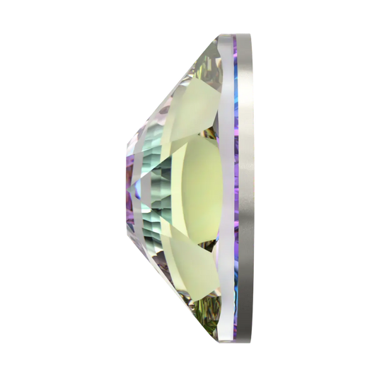 Side view of a faceted Swarovski Crystal Rhinestone in Vitrail Light, showing its dimensional profile, reflective facets and subtle pink, lilac, purple and blue-green colour-shifting effect.
