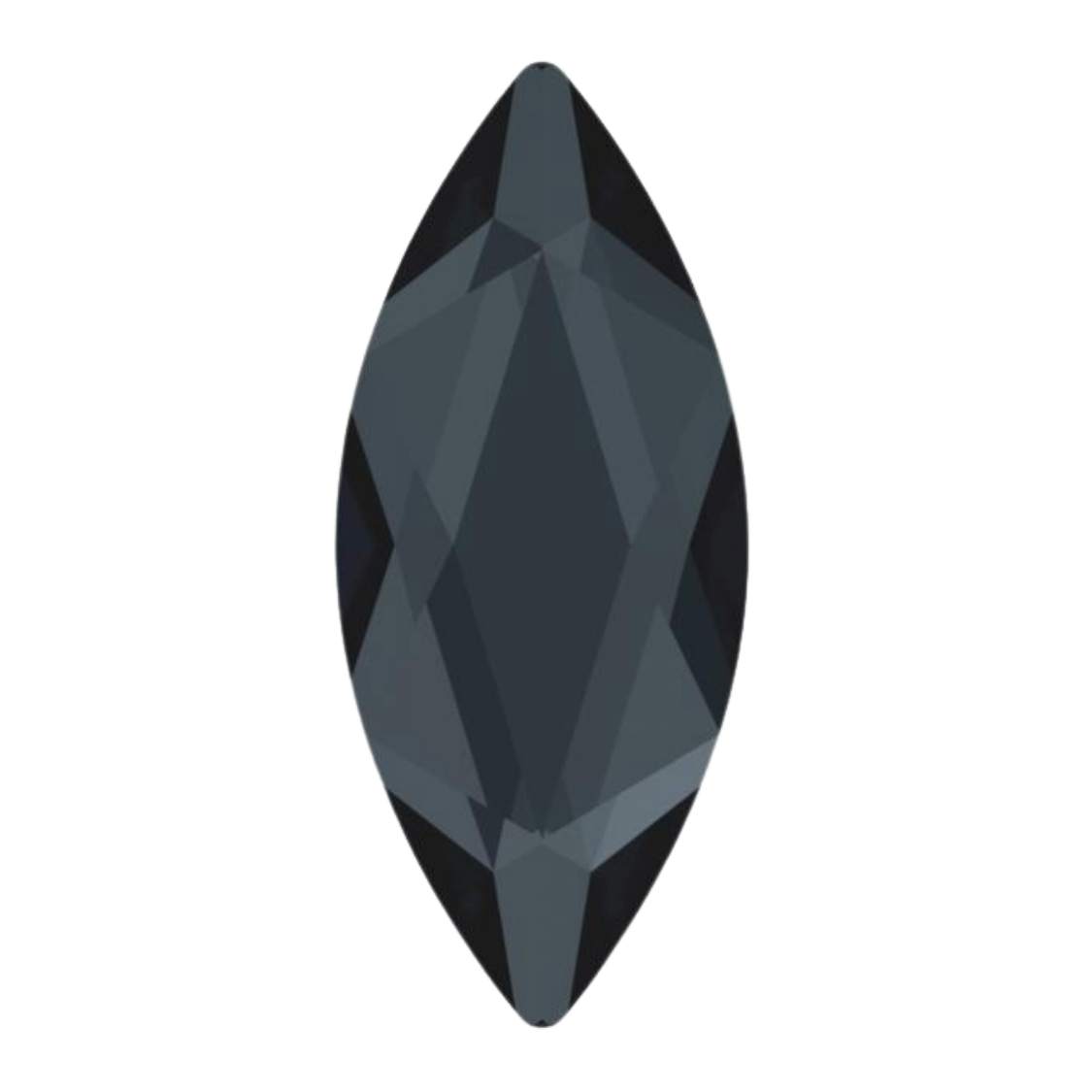 Swarovski Silver Night flatback crystal in an elongated marquise shape, shown from a top-down perspective on a solid white background.