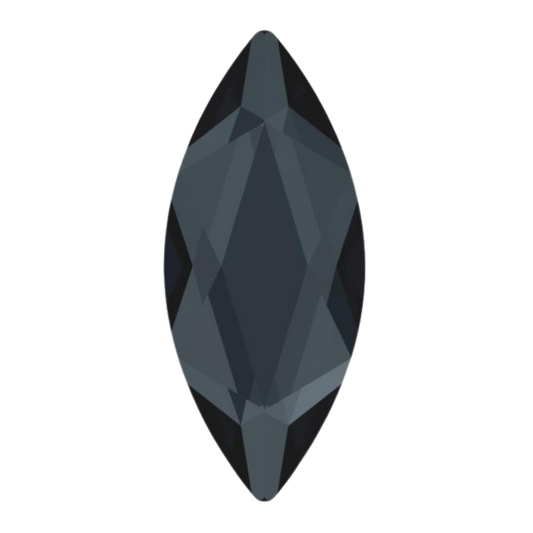 Swarovski Silver Night flatback crystal in an elongated marquise shape, shown from a top-down perspective on a solid white background.