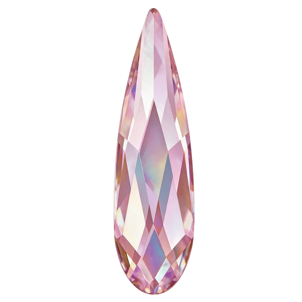 Swarovski 2304 Raindrop Light Rose AB flatback crystal in the 10×2.8 mm size. The elongated, precision-faceted teardrop crystal features a soft blush-pink base with Aurora Borealis reflections in rose, lilac, pale blue, champagne, peach and subtle golden tones. Ideal for bridal, romantic, floral, glamour and premium nail art designs.