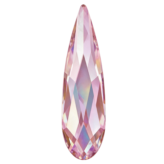 Swarovski 2304 Raindrop Light Rose AB flatback crystal in the 10×2.8 mm size. The elongated, precision-faceted teardrop crystal features a soft blush-pink base with Aurora Borealis reflections in rose, lilac, pale blue, champagne, peach and subtle golden tones. Ideal for bridal, romantic, floral, glamour and premium nail art designs.